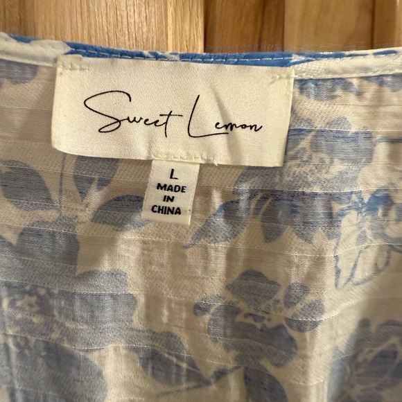 Sweet Lemon Blue and White Floral Deep V-Neck Lace Tiered Gathered Waist Dress - Picture 8 of 14